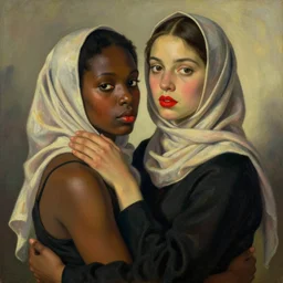 Woman holding another woman, arm around her neck, skin color black, both have red lips, wearing hijab, Edward Hopper and James Gilleard style