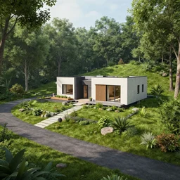 a clearing in the forest revealing a private, modern home on a hill, garden, long driveway, unreal engine