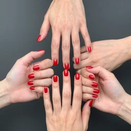 groups of three hands with three fingers red nails