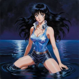 a photorealistic highly detailed painting of a y 2 k 1 9 8 0's anime protagonist on a reflective ocean by johfra bosschart, lisa frank, kinkade, visionary art, dark fantasy art, high detail, trending on artstation
