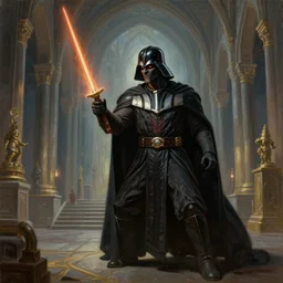 « a beautiful painting of darth bane creating a rule of two in an ancient sith temple stylized as a catholic church, very realistic, trendin on artstation »