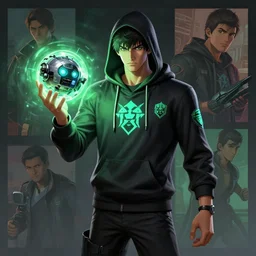 a triple a game concept art of a young tall handsome hacker in a black - green hoodie holding a glowing robot orb as if its giving him powers, hoodie with a cyan hacker group emblem, art by cushart krentz and greg rutkowski, elegant, front view, male person concept art, sharp, fantasy style, d & d, illustration, realistic anime, high quality, digital art, hyperrealism, octane render, commission art, gta cover art inspired