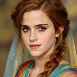 close up portrait shot of a beautiful emma watson wearing flowing colourful clothes, highly detailed face, detailed eyes, alphonse mucha, rhads, ross tran, artstation, artgerm, octane render, 1 6 k