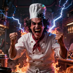 photorealistic led dark kafkaesque dystopian portrait of crazy evil teppanyaki chef laughing manically and yelling. lightning and fire everywhere. high quality digital art.