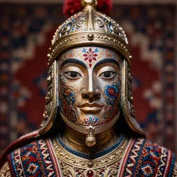 macro photo of a pile warrior figurine with a Persian carpet painted symmetrical face, depth of field, intricate, delicate, by Jonas Jensen, Magnum photos