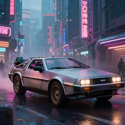 steampunk delorean in a cyberpunk city, neon signs, futuristic, realistic, 8 k, extremely detailed, cgi, trending on artstation, hyper - realistic render, 4 k hd wallpaper, premium prints available, by greg rutkowski