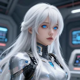 perfect android girl, warframe armor, beautiful face, scifi, futuristic, space station, laboratory, kwak ji young, dreamy, long white hair, blue cyborg eyes, cinematic lighting, innocent, highly detailed, sharp focus, artstation, aura, divine, by gauthier leblanc, kazuya takahashi, huifeng huang, jama jurabaev