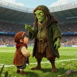 Cthulhu talking to a hobbit in a football stadium, Portrait