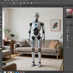 A photograph by Juergen Teller of a cyborg by Tadanori Yokoo in a living room by Mariko Mori, XF IQ4, 150MP, 50mm, f/1.4, ISO 200, 1/160s, natural light, Adobe Photoshop, Adobe Lightroom, DxO Photolab, Corel PaintShop Pro, rule of thirds