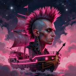 space, mohawk, portrait big dark punk, hyperdetailed illustration, stars, pink, neon, oil painting, rich deep colors masterpiece, pirate neon ship, ultra detailed, contrast, heaven pink, clouds, volumetric light, atmospheric lighting, dramatic, cinematic, moody, octane render 4 k, 8 k