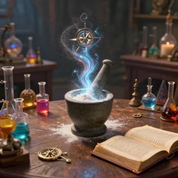 incredible, table, wizards laboratory, greg rutkowski, mortar, pestle, magic powder, compass energy flowing, magic book, beakers of colored liquid, tony sart