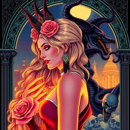 side portrait athena goddess varga margot robbie as harley quinn, fox maleficent roses medusa, city, ornate arch, energy, cthulhu, kraken, skulls, futurepunk, glamour pose, moebius, gta v, dan mumford, mucha, nagel, tarot card, d & d, neon art deco, black paper, vibrant, greg rutkowski,
