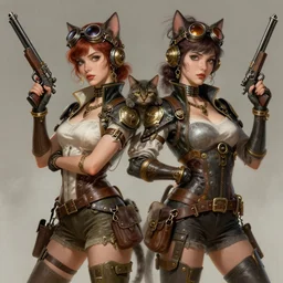 steampunk girls with their cats and guns, masterpiece, pinup, highly detailed, digital painting, artstation, concept art, smooth, sharp focus, illustration, Unreal Engine 5, 8K