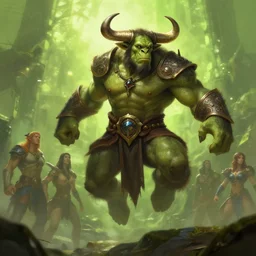 epic professional digital art of male orc bull druid in superhero landing pose, chartreuse ambient light, painted, heroic, mythic, detailed, intricate, leesha hannigan, wayne haag, reyna rochin, ignacio fernandez rios, best on artstation, cgsociety, epic, stunning, gorgeous, much wow, cinematic