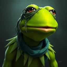 kermit, wearing seaweed on his face, trending on artstation, hiroaki tsutsumi style