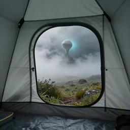 inside camping tent interior with view to the outside alien planet through opening door with opaque walls, nature, wide angle, 12mm lens, realistic light, hyper realism, photography, volumetric fog