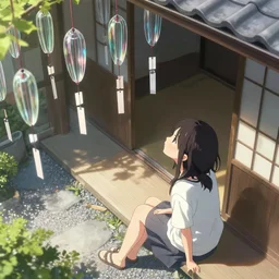 a girl sitting outside of japan house look up at glass wind chimes, anime key visual, octane render, volumatic lighting, top view, highly detailed, digital painting, artstation, concept art, sharp focus