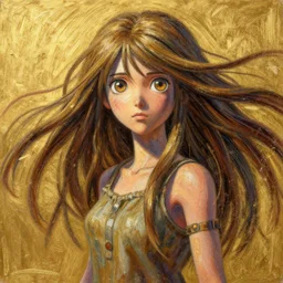 recursive image with a hunting girl, prehistoric, large eyes, her long hair flowing, surreal, oil pastels and gold, in the style of katsuhiro otomo, modeled in poser, redshift render, uhd