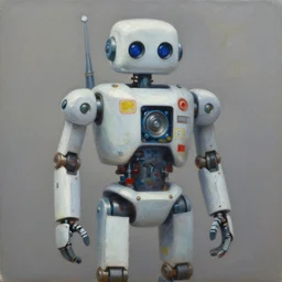 oil painting of a robot with decals by ashley wood