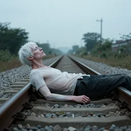 pale man with glassing relaxing on train tracks, highly detailed, cinematic