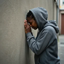 a ultra high resolution photo a black woman, 4 0 years old, standing in a huddie. he is standing with his head pressed on the wall in a narrow alleyway. he is crying. right profile photo. the light is dim, and the colours are muted.