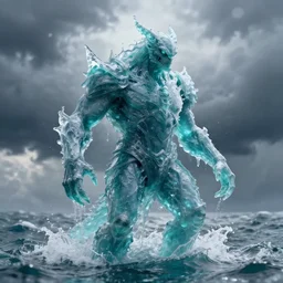 monster made of water, made of liquid, rising up from ocean, water armor, high detail, high contrast, medium close up portrait, studio lighting, stormy seas, beautiful, bokeh, snowy, storm clouds, god rays, d & d, fantasy, elegant, aquamarine color palette, concept art, roger deakins and greg rutkowski and alphonse mucha