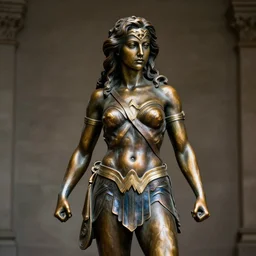 a beautiful bronze statue of wonder woman, ancient greece, photorealistic, atmospheric