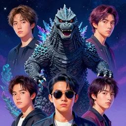 a portrait of a black godzilla with sunglasses in front of the camera by inio asano, beeple and james jean, aya takano color style, 8 k, super detailed, night sky, digital art, digital painting, celestial, majestic, colorful, front