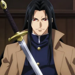 half - body character portrait by shigenori soejima, handsome male vampire, focus on face, sword holster, long black hair, dark blue shirt, light brown coat, red eyes,