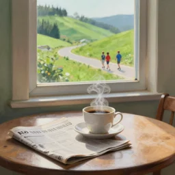 “ realistic painting of a breakfast table with a steaming cup of coffee and a newspaper. the window behind it shows a green idyllic hill with a road on it, and families walking to school. soft sunlight filters through the window onto the table ”