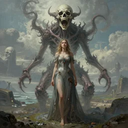 death is swallowed up in victory, very detailed and beautiful portrait of a young woman by daniel oldenburg, eldritch abomination by h. r. giger, screaming with fear, artwork by artgerm, centered shot, wide angle, full body, islandpunk, solarpunk, fantasy, highly detailed, digital painting, artstation, smooth, sharp focus, landscape art by thomas kinkade and yusei uesugi
