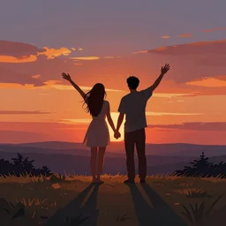 the joy of life at sunset, a simple textured vector based illustration, critical detail, vivid colors, atmospheric dreamscape painting, wlop