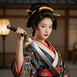 a beautiful ultradetailed samurai geisha art of margot robbie as a geisha with a sword by dade freeman, trending in artstation, portrait photo, deep depth of field,