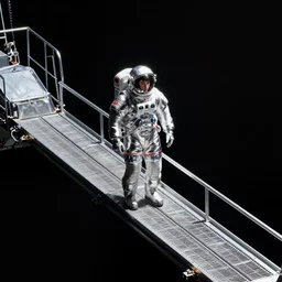 man in silver space suit, walking on an industrial catwalk, suspended in the darkness of space, 4 k photograph, isometric view
