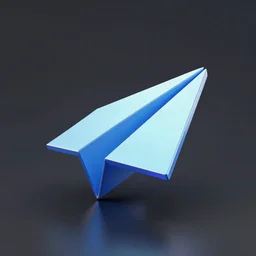 an icon of a paper plane in light blue metallic iridescent material, 3 d render isometric perspective on dark background