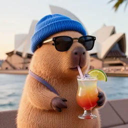 a photorealistic photograph of a knitted cute Capybara wearing sunglasses and dressed in blue beanie cap. The subject is also sipping a refreshing Mai Tai drink cocktail outside Sydney Opera House during sunset. This 4K HD image is Trending on Artstation, featured on Behance, well-rendered, extra crisp, features intricate detail and the style of Unreal Engine.