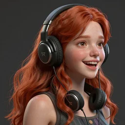 complicated dynamic composition,realistic style at CGSociety by WLOP,ilya kuvshinov,krenz cushart,Greg Rutkowski,trending on artstation. Zbrush sculpt colored,Octane render in Maya and Houdini VFX,realistic close-up face of cute young redhead girl, expressing joy, dress,headphones,silky hair, deep eyes.Amazing textured brush strokes.Cinematic dramatic atmosphere,sharp focus, soft volumetric studio lighting.