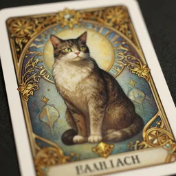 photography of a cat tarot card, deep focus, d & d, fantasy, intricate, elegant, highly detailed, digital painting, artstation, concept art, matte, sharp focus, illustration, hearthstone, magic the gathering, art by artgerm and greg rutkowski and alphonse mucha