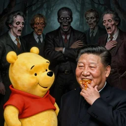 xi jinping, winnie pooh, xijinping face, eating honey on teeth stans, dark, horror, by donato giancola and greg rutkowski and wayne barlow and zdzisław beksinski