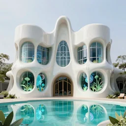 highly detailed futuristic architecture by Frank Lloyd Wright and Antoni Gaudí, reflective lighting, holographic, stylized vegetation, ground-level view, puddles of turquoise water, stunning sunny lighting, sunrise, vivid colors, in the style of pixar animation, trending on Artstation, 8k, matte painting, ray tracing, hyper detailed, unreal engine 5, cinematic, epic lighting, cryengine, octane render, cyberpunk, red and orange glow, vibrant