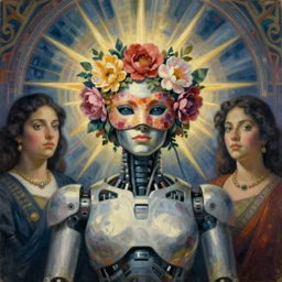 masterpiece painting of the robot queen wearing a mask made of flowers, by annie swynnerton and diego rivera and jean delville, symbolist, dramatic lighting, god rays, elaborate geometric ornament, art brut, soft cool colors, smooth, sharp focus, extremely detailed, adolf wolfli