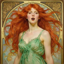 intricate art nouveau portrait oil painting of redheaded young molly ringwald with long red hair blowing in the wind, mouth open, wearing a thin green dress, in front of a carved screen, elegant, digital painting, smooth, sharp focus, illustration, ultra realistic, 8 k, by bouguereau, alphonse mucha, artgerm, and donato giancola