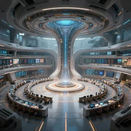 futuristic advanced central command center, digital painting, highly detailed, concept art, trending on artstation, epic composition, sharp focus, flawless render, masterpiece, volumetric lighting, realistic