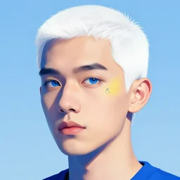 picture of a white - haired young man with a small tattoo under his right - eye, stylized, blue and yellow colors,