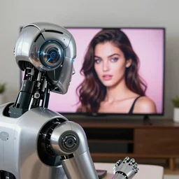 realistic portrait of a silver robot is watching tv and tv displays a victoria's secret model in detail and the robot's face is partially moprhed into an exact copy of the model, realistic, 4 k