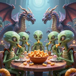 aliens eating cheetos puffs and dining with beautiful dragons. futuristic 8 k