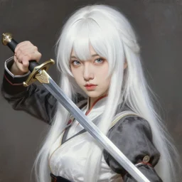 a young japanese princess lady with white hair and bangs!!!!, posing with a sword, white hair highly detailed painting by gaston bussiere, craig mullins, j. c. leyendecker 8 k