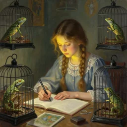 a painting of a russian girl in her room studying surrounded by cages with reptiles, night light lighting only on her face digital painting, artstation, concept art, smooth, sharp focus, illustration, art by artgerm and greg rutkowski and alphonse mucha