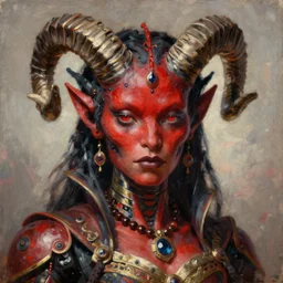 painted close - up portrait of a very attractive red - skinned intimidating demon robot girl with ram horns! oil painting, wearing a noblewoman's outfit, fantasy art by john singer sargent and gaston bussiere and james jean and greg rutkowski, demon noble character design, ultra hd