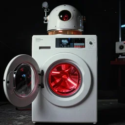 film still of HAL from 2001 A Space Odyssey as a washing machine with a glowing red light inside it